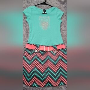 Kids Casual Dress with Owl Design - Green and Pink